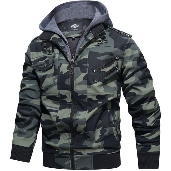 Mens Green HOOD CREW Faux Leather Motorcycle Bomber Jacket Removable Hood - Picture 4 of 5